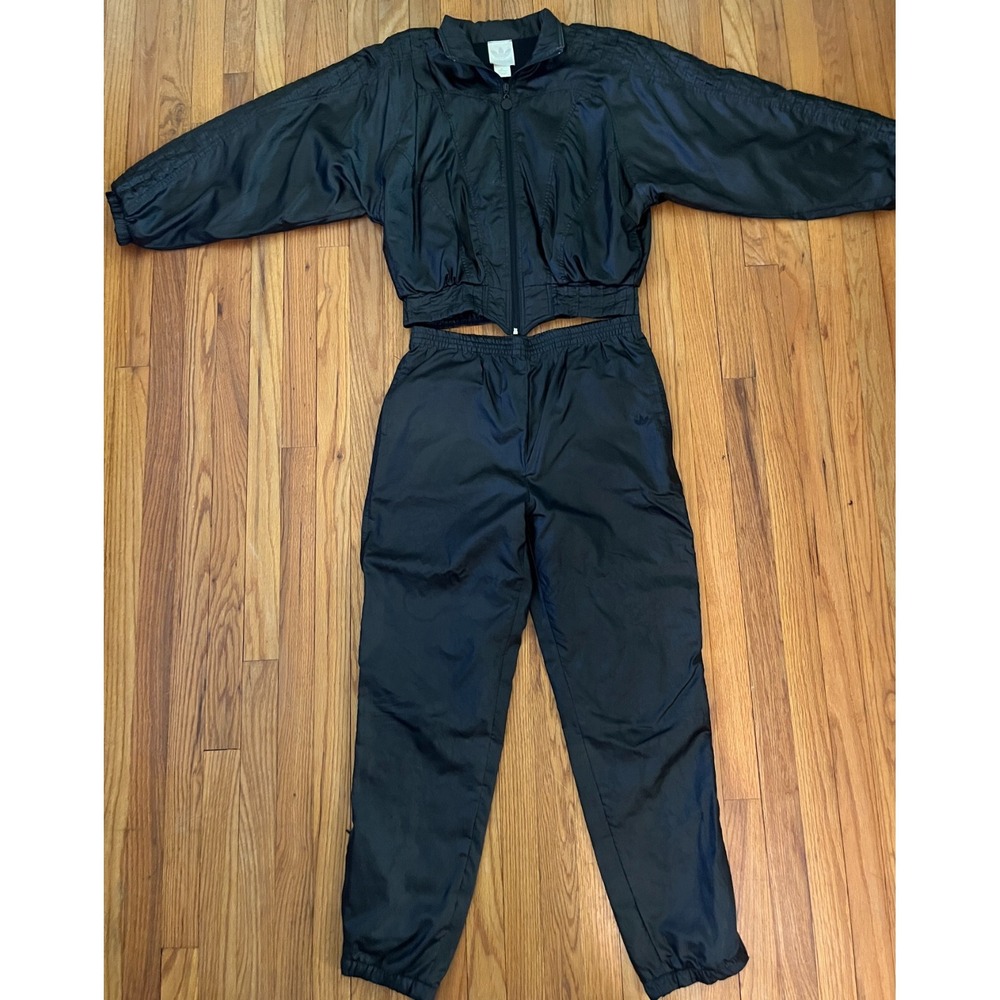 Vintage Adidas Black Lined 2 Piece Track Suit Jacket Pants Women M 80s 90s
